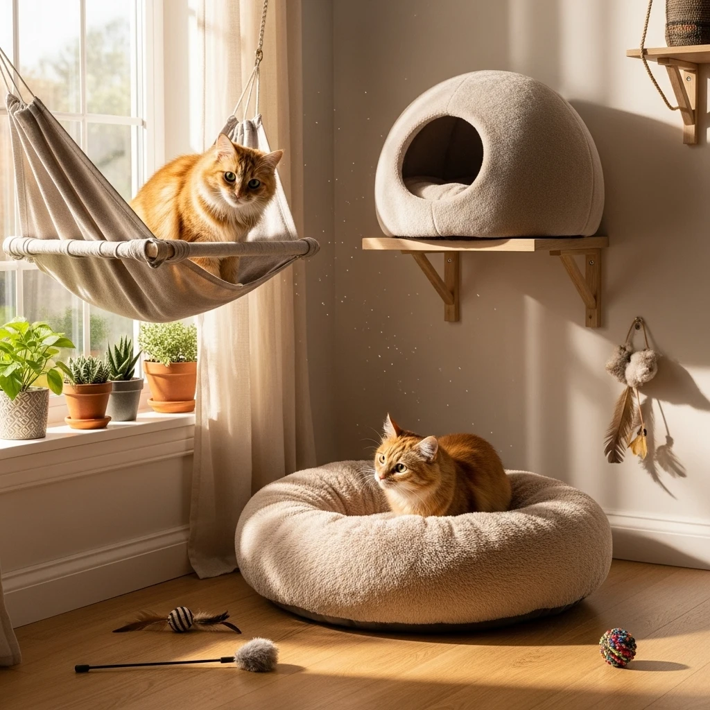 A cat enrichment corner offering multiple sleeping spot choices to cater to feline preferences for sun, security, and softness.
