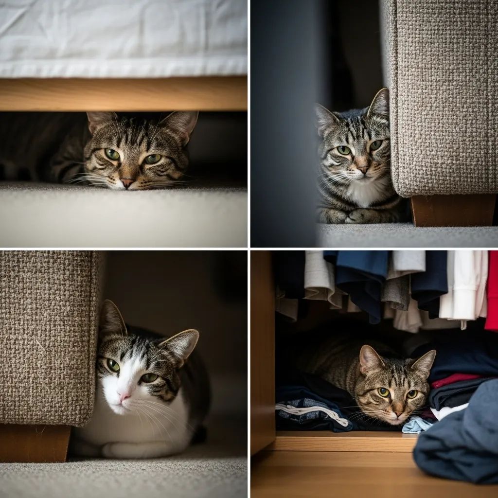 Cat hiding under bed, a common sign of discomfort or pain"; "Cat seeking isolation in a quiet corner"; "Withdrawn cat resting in a hidden spot"; "Cat avoiding interaction by hiding. Signs 