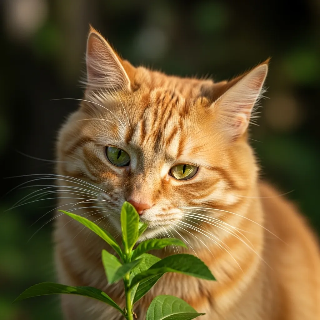Curious cat sniffing new object closely"; "Cat investigating plant curiously"; "Outdoor cat exploring and sniffing