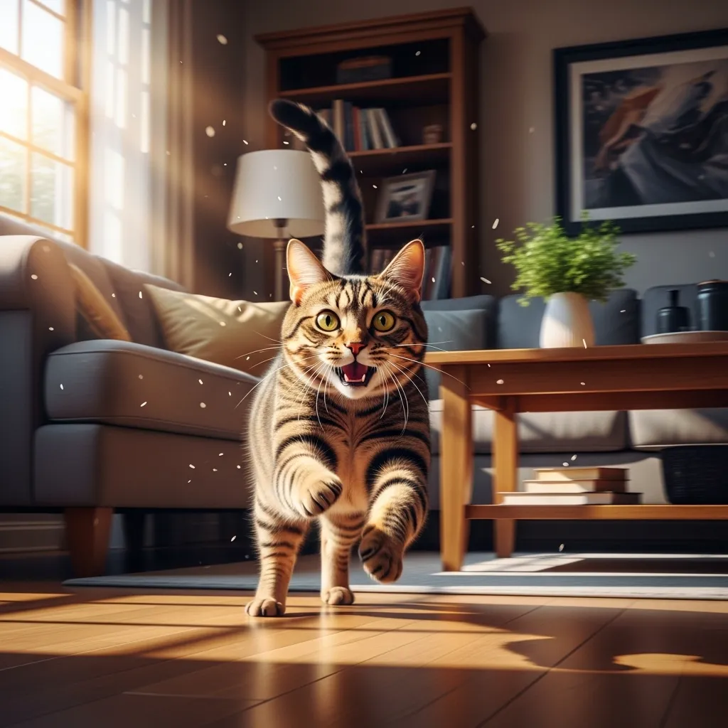 A playful cat running through a living room during the "zoomies," showcasing the energetic and unpredictable nature of life with cats.