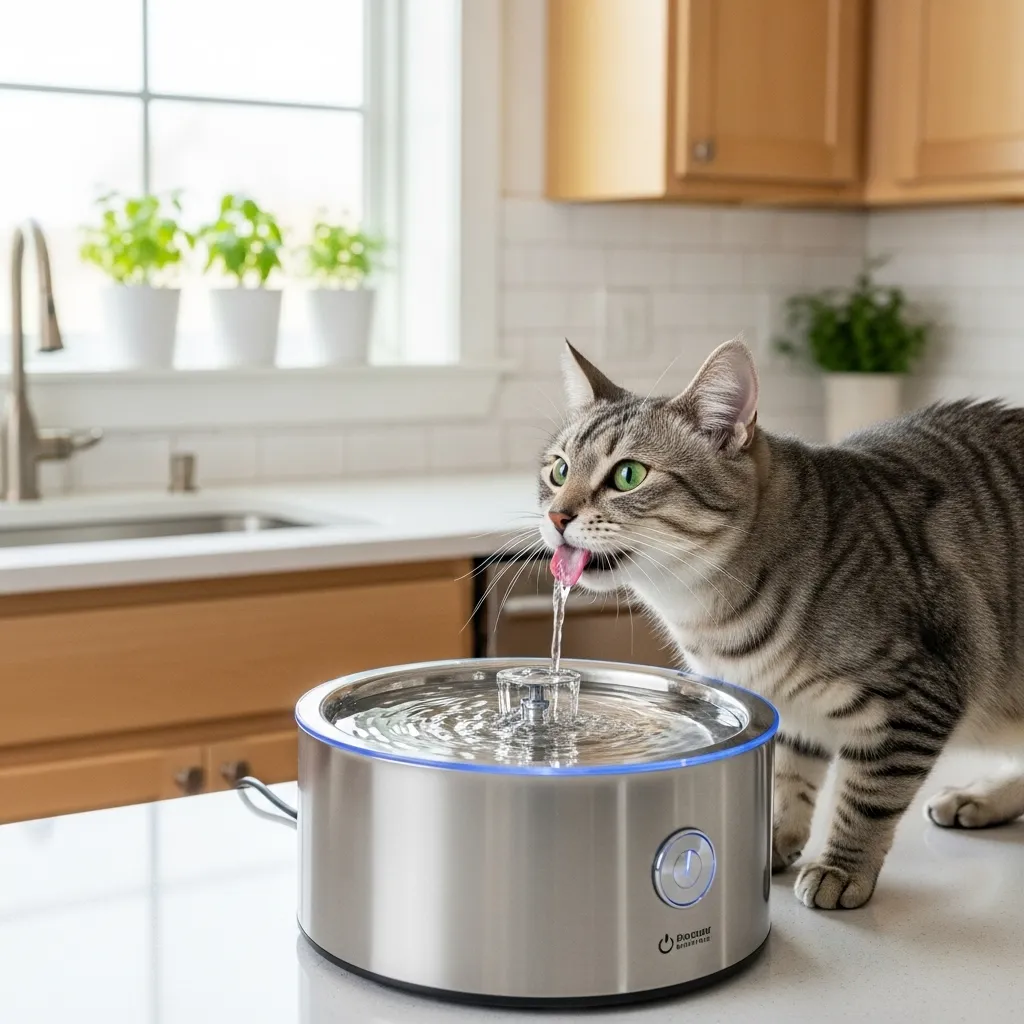 Cat drinking from a fountain, a simple daily habit for better hydration and wellness