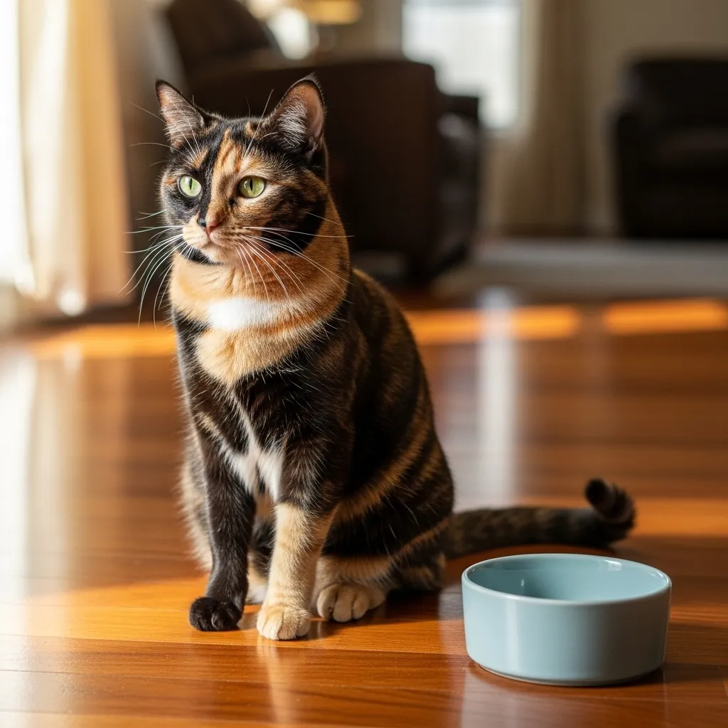 A healthy cat with a shiny coat after a successful diet transition, looking content next to its bowl.