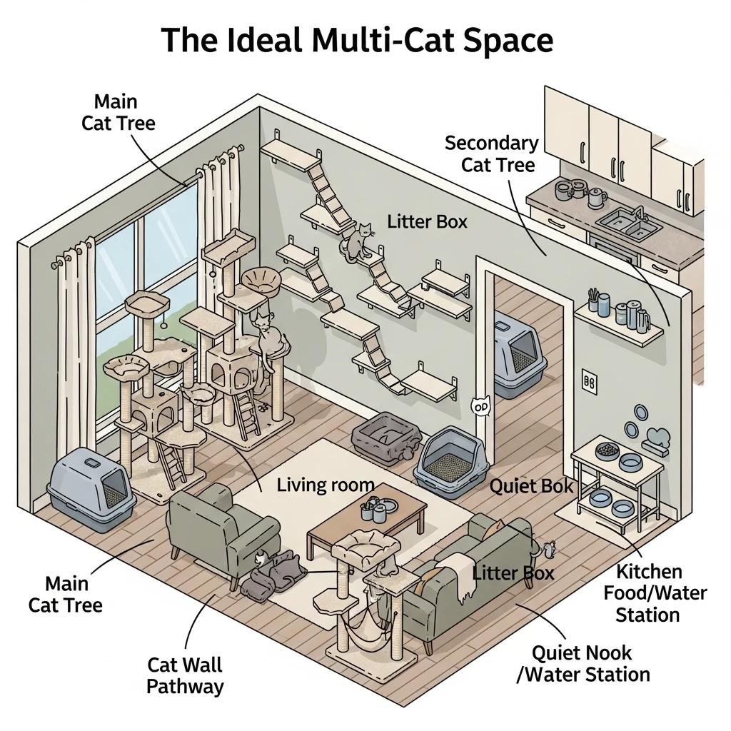An illustrated floor plan diagram showcasing optimal resource distribution for a home with three cats.