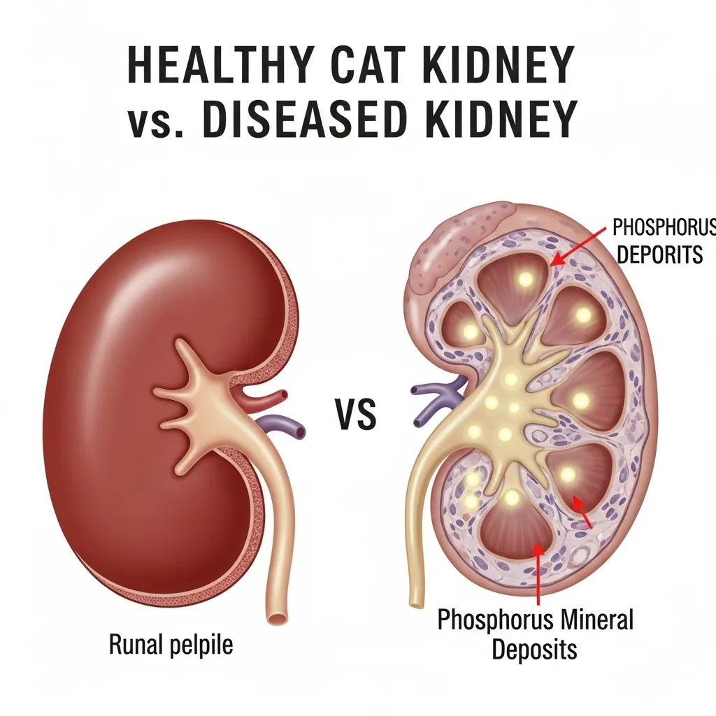 Infographic comparing healthy and affected cat kidneys, highlighting the role of phosphorus management in senior cat nutrition for kidney health.
