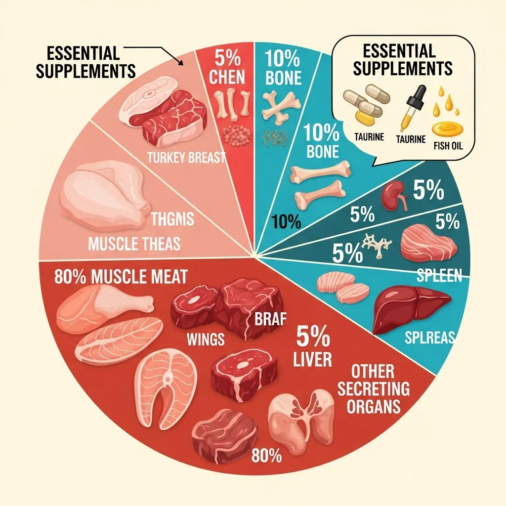 Visual breakdown of the components of a balanced raw diet for cats