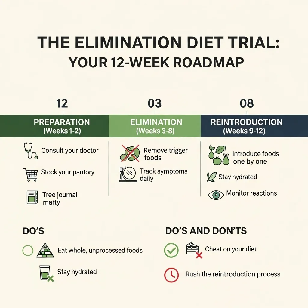 Step-by-step infographic on conducting a feline food elimination diet trial.