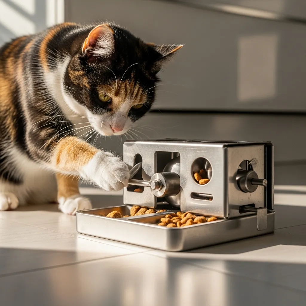 Cat using a puzzle feeder for mental stimulation and confidence building.