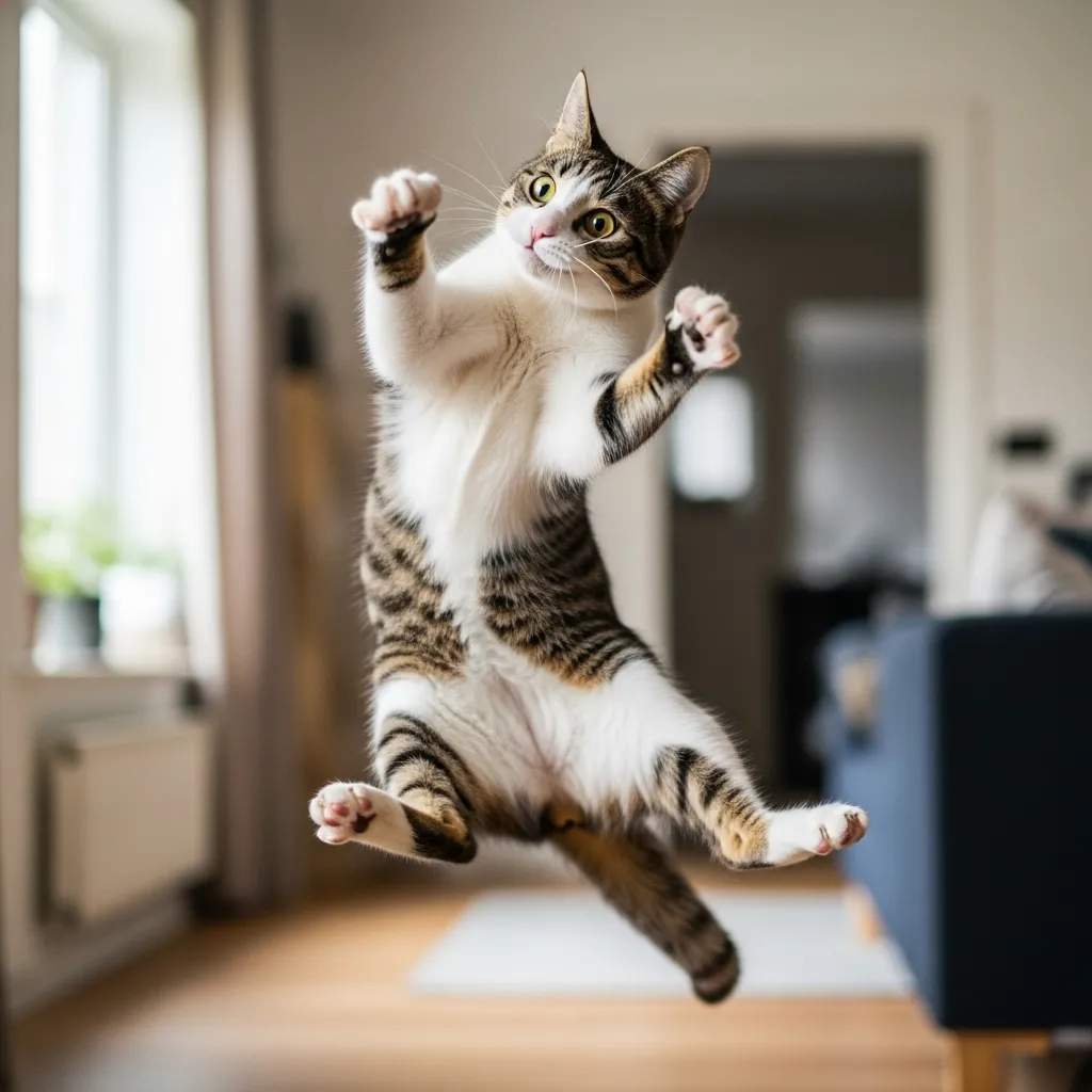 Hilarious cat zoomies mid-jump action shot