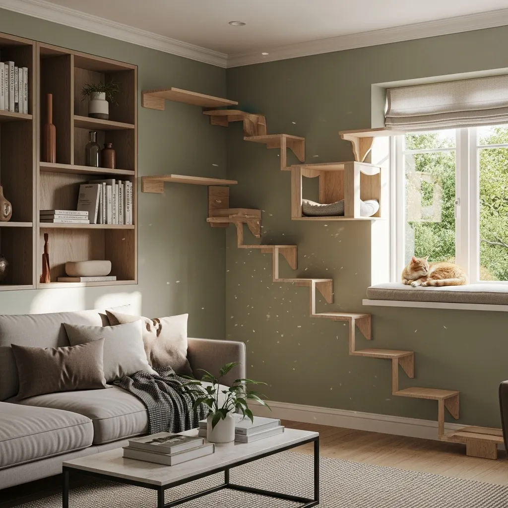 Modern living room with integrated cat wall shelves and a window perch, showing cat-friendly home design.