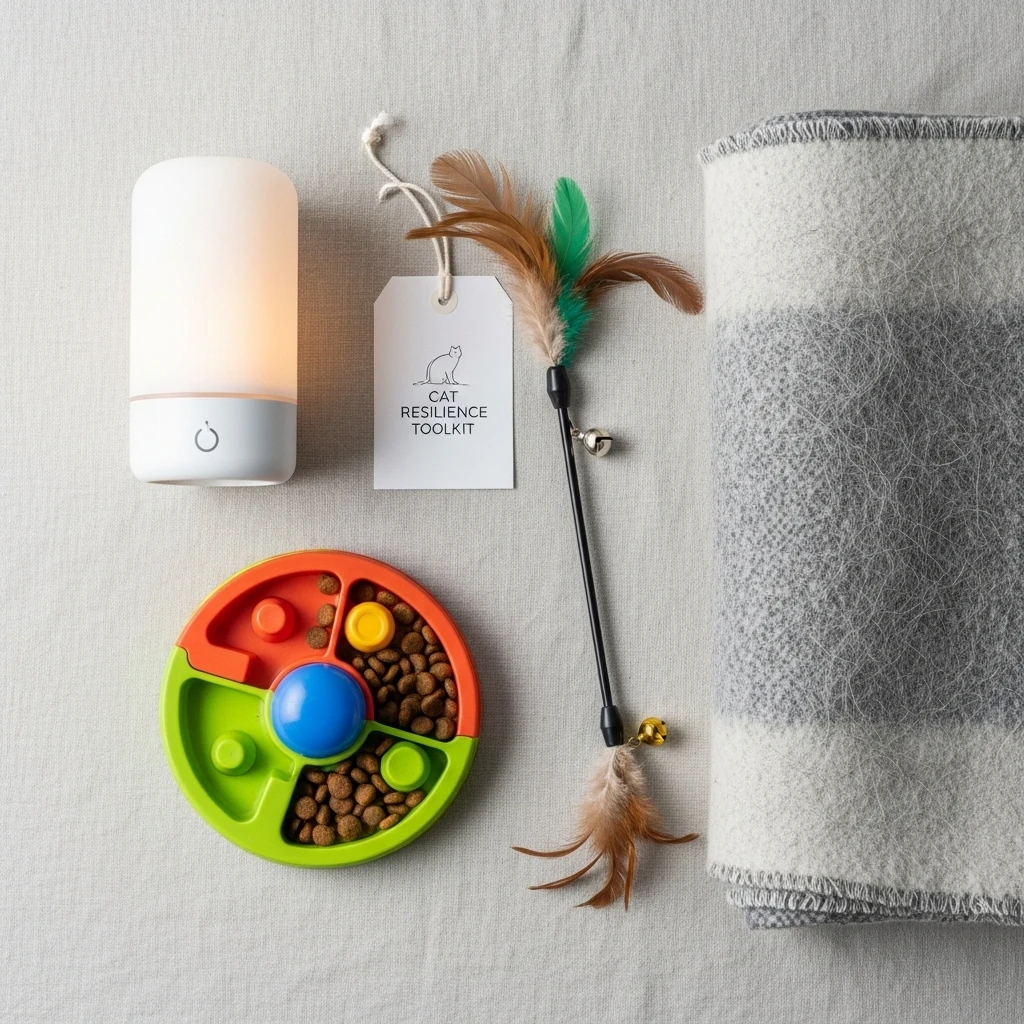 Assortment of tools and products used to help cats cope with change and reduce anxiety.