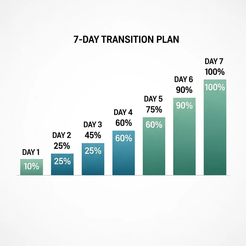  Infographic showing a 7-day cat food transition schedule from 25% to 100% new food.