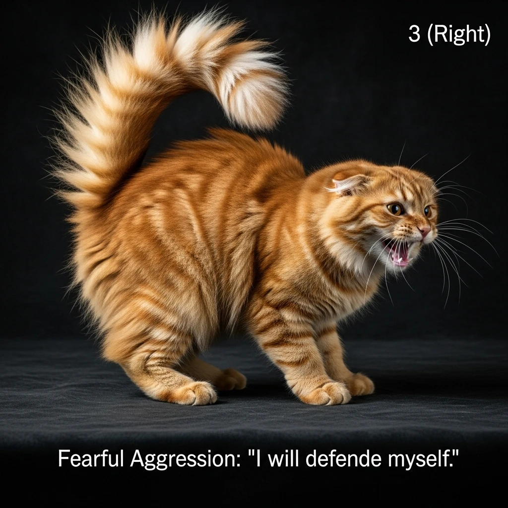 Three-panel photo guide showing cat body language indicating fear, frustration, and aggression.