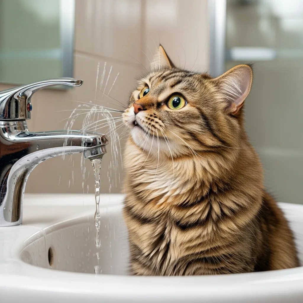 Cat caught in funny moment in sink surprised by dripping water perfect timing