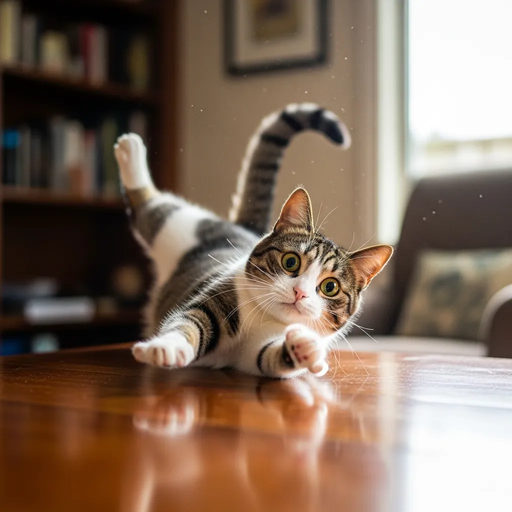 Cat experiencing a graceful fail after slipping on a smooth wooden table surface.