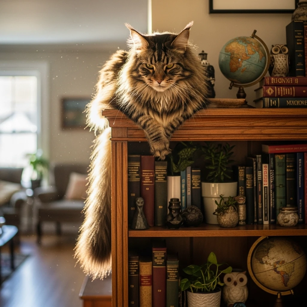 A large fluffy cat demonstrates instinctual perching behavior, choosing a high sleeping spot for safety and surveillance in a modern home.