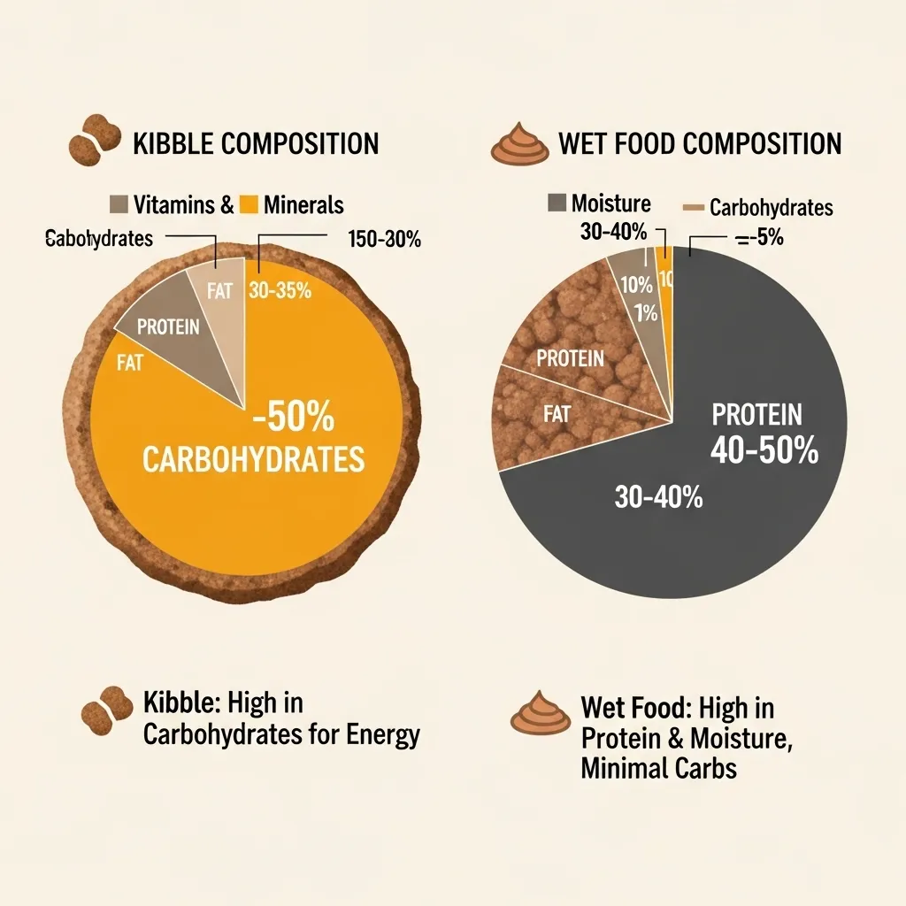  Infographic comparing carbohydrate content in dry kibble versus wet cat food showing structural differences.