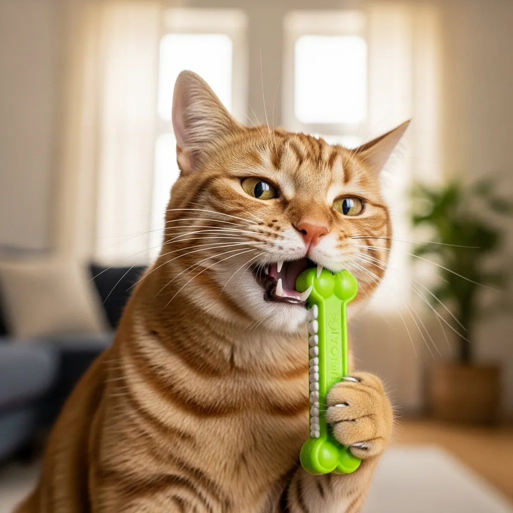 Cat using a dental chew, promoting daily oral health for overall wellness.