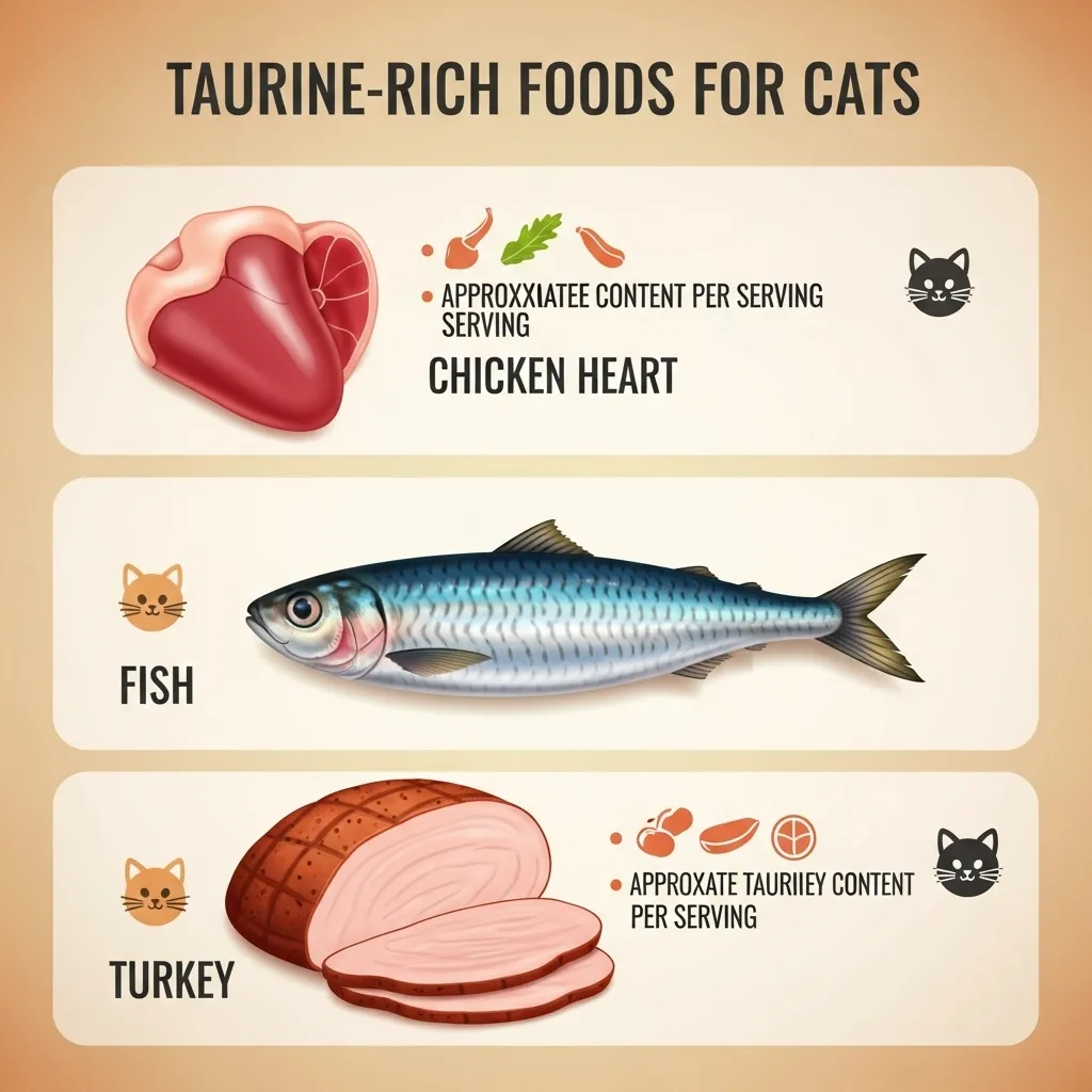 Taurine-rich foods essential for preventing common nutrient deficiencies in domestic cats.