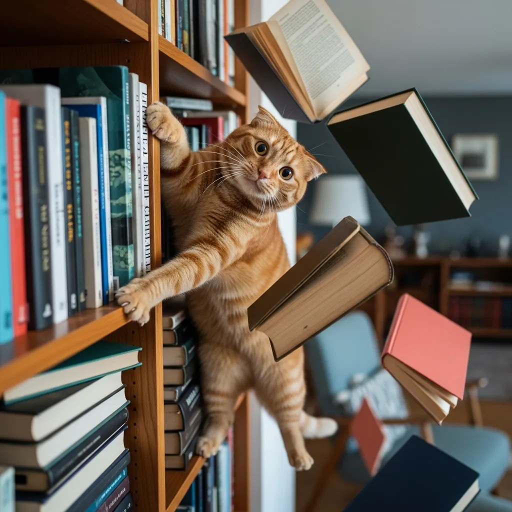 Cat caught in funny moment falling from bookshelf with comical surprised expression