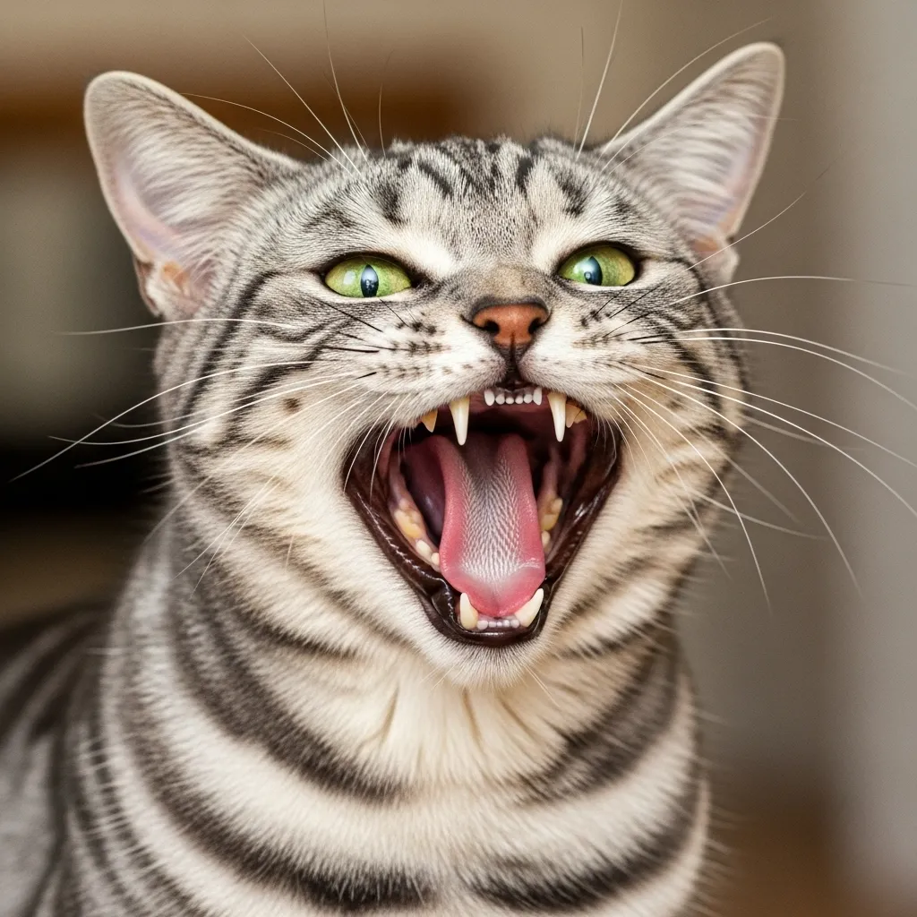  Happy, healthy cat showing its clean teeth, representing the goal of excellent feline dental care.