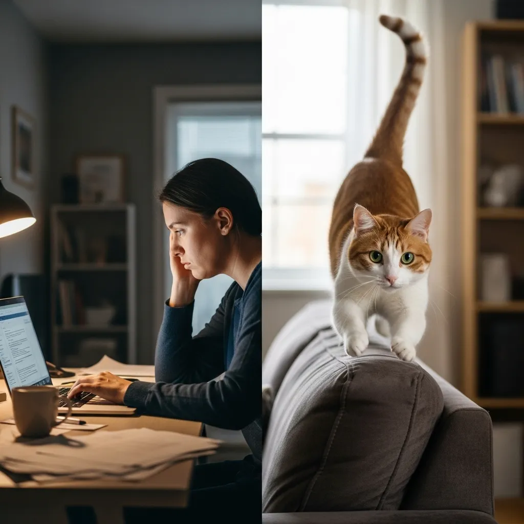  Contrast between a dull human routine and a cat bringing chaotic entertainment Days 