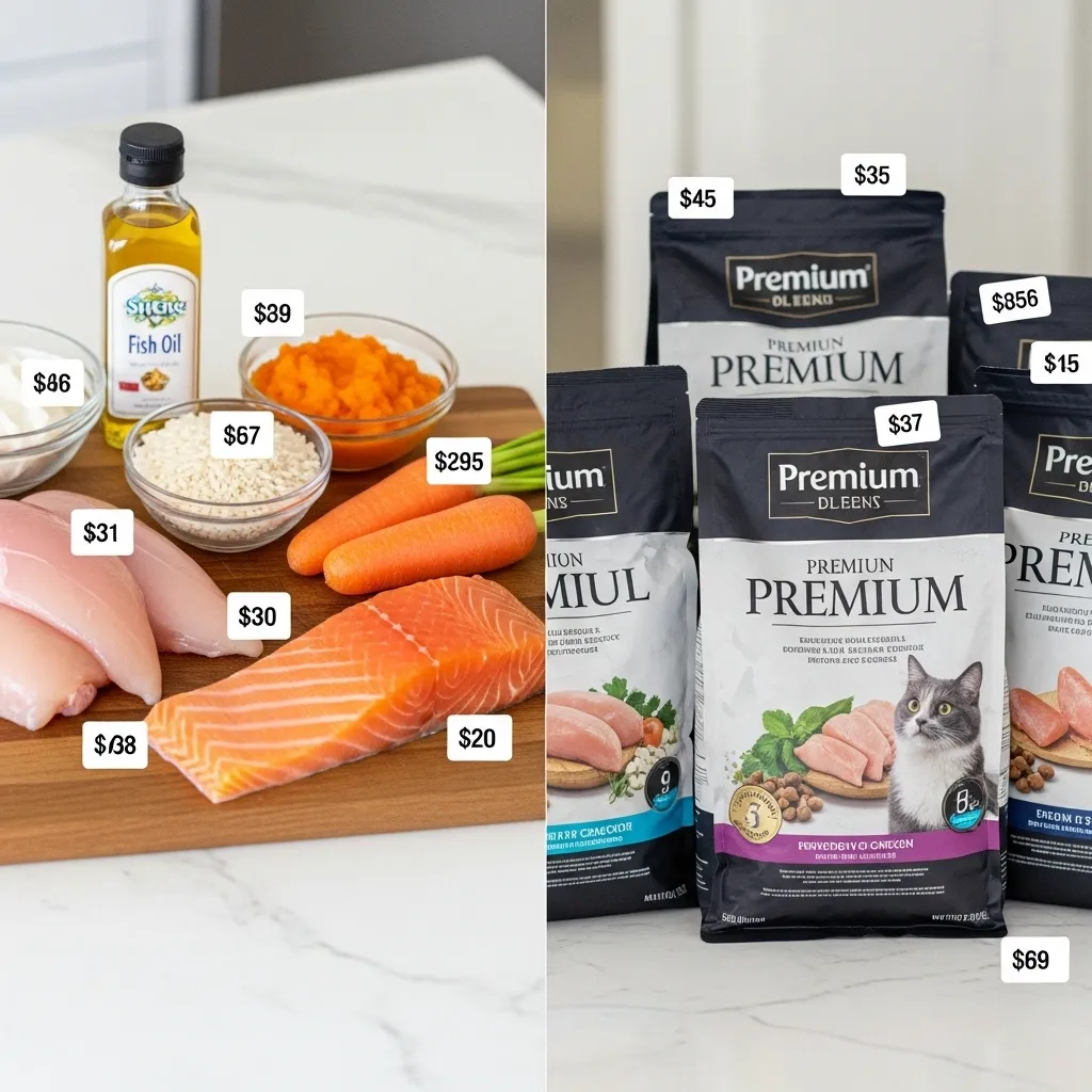 Cost comparison between homemade cat food ingredients and commercial premium cat food