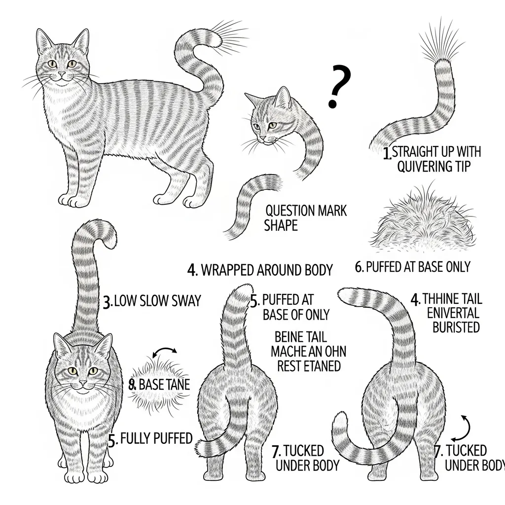 Visual guide to cat tail language showing seven positions and their emotional meanings"