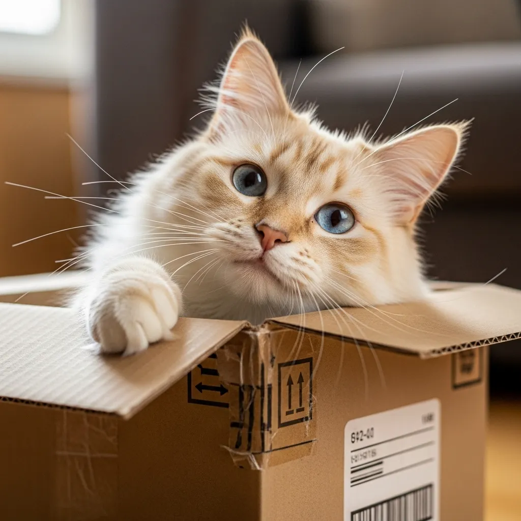 Cats vs Cardboard Boxes 1 Adorable cat enjoying its favorite cardboard box hideout.