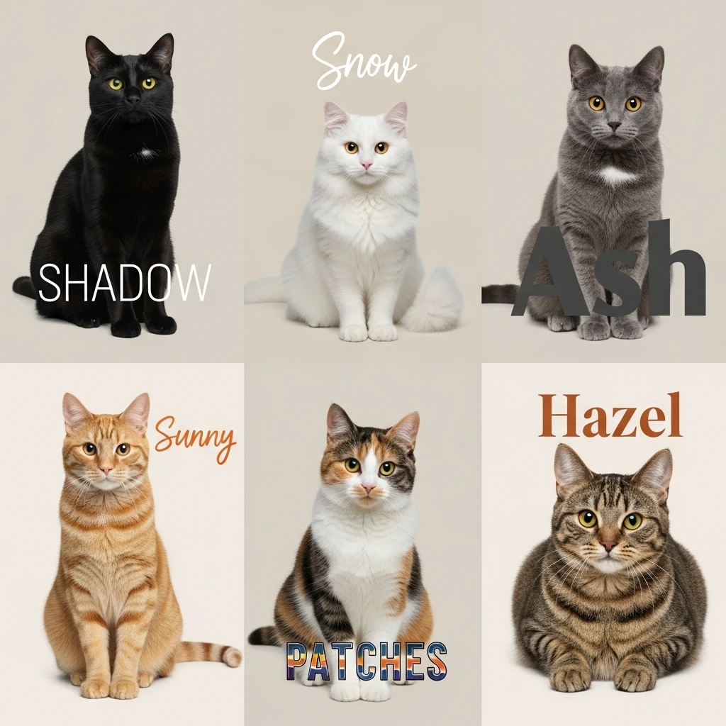 Cats of different colors and patterns demonstrating how coat color inspires creative naming