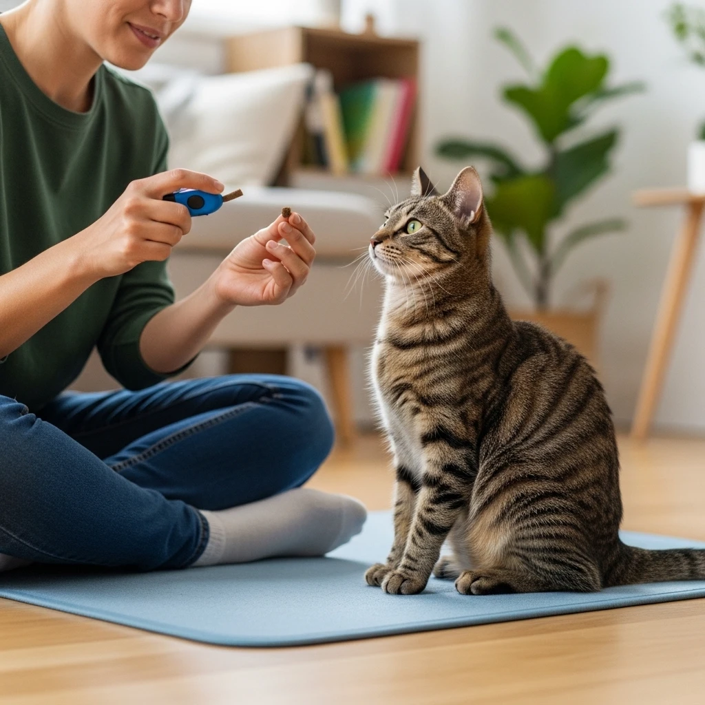 Person training cat with clicker on designated mat