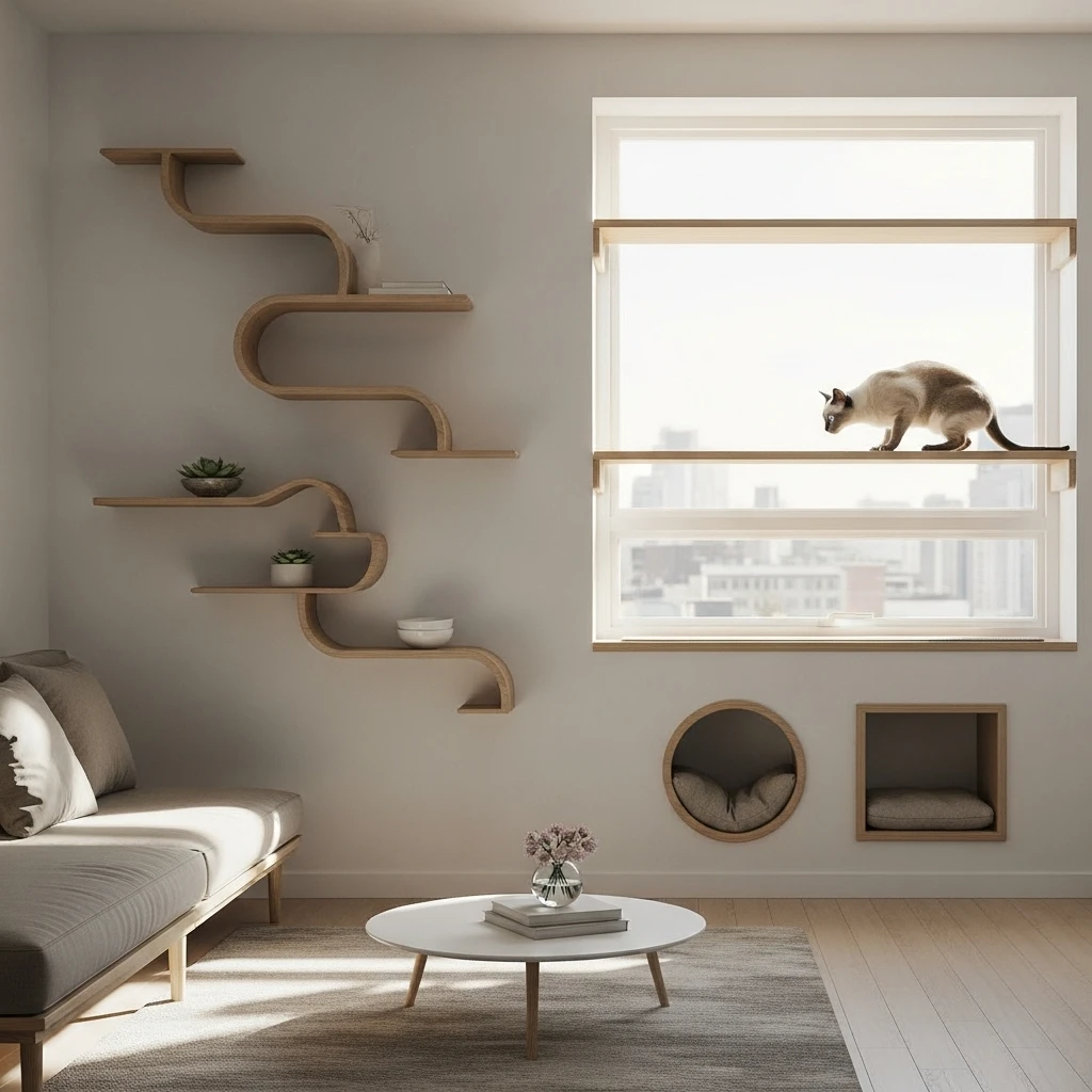Modern living room designed for indoor cat enrichment with climbing shelves and a window perch.
