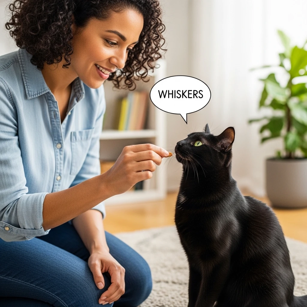 Positive reinforcement training for teaching a cat their luxury-inspired name.