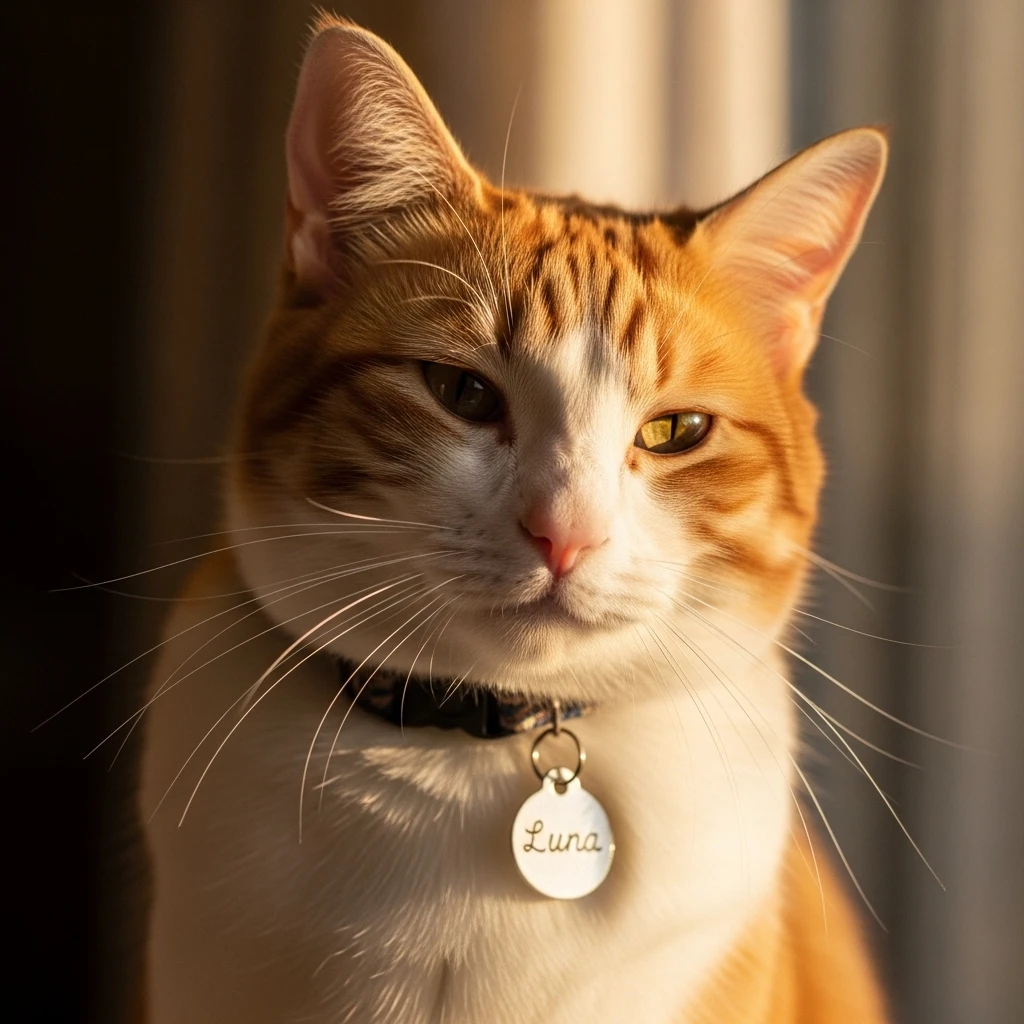 Happy cat with collar, representing the successful finding of the perfect name