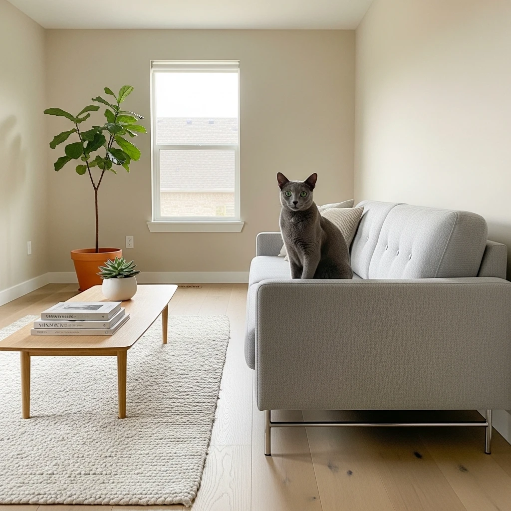 A sleek cat in a minimalist modern home, embodying the clean aesthetic that pairs perfectly with a modern minimal cat name.