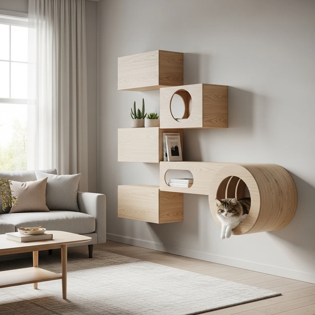 A cat resting in a minimalist wall-mounted sanctuary pod, showcasing integrated feline design in a modern home.