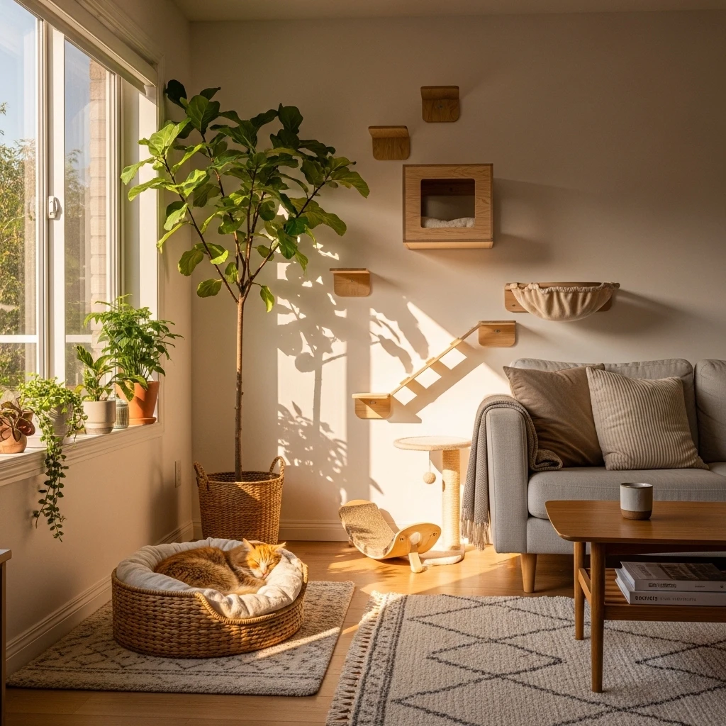 A perfectly integrated home where aesthetic cat corners create a harmonious living space for both cat and owner