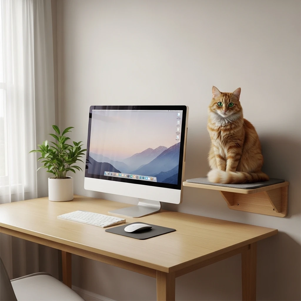 A cat using a wall-mounted perch beside a home office desk, illustrating a harmonious workspace solution in a cat-friendly minimalist home.