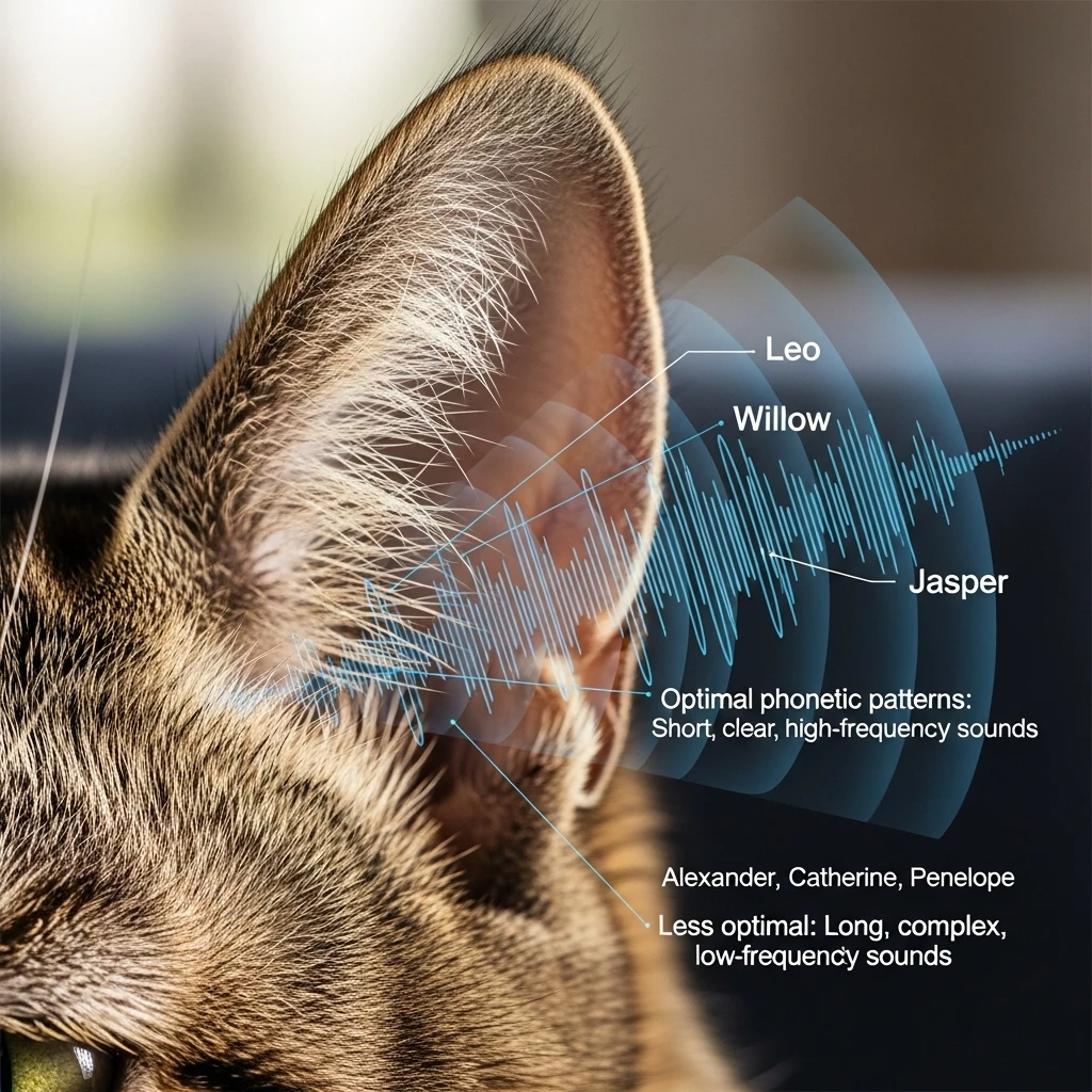 Scientific illustration showing how different name sounds are processed by cat hearing.