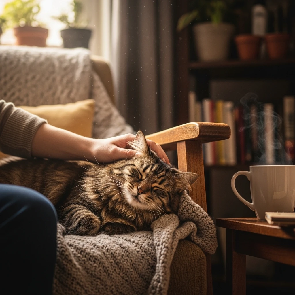  Person petting a relaxed tabby cat, demonstrating the stress-reducing human-feline bond