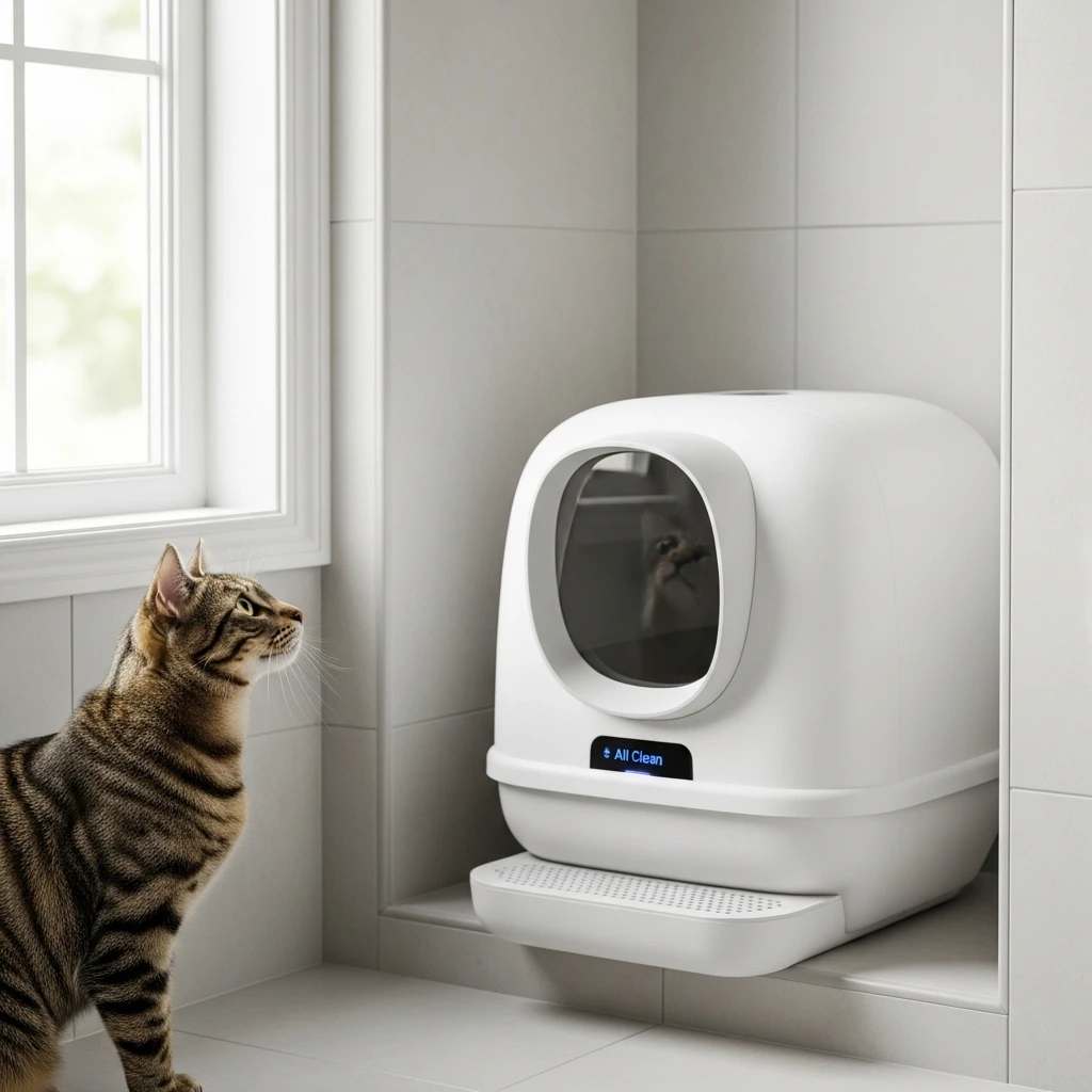 Modern smart self-cleaning litter box with health monitoring display in a home bathroom.