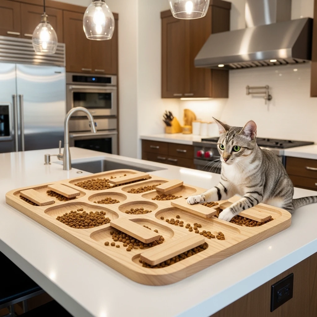 Attractive cat food puzzle integrated into kitchen decor as functional enrichment"