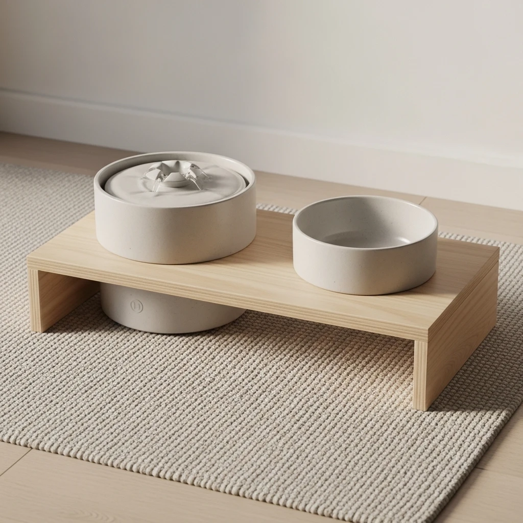A minimalist cat feeding station, showing how pet care items can align with a modern, clean aesthetic.