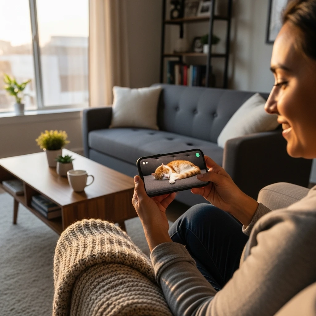 A pet owner using a smart pet camera to check on their napping cat from afar, illustrating the human-animal bond.