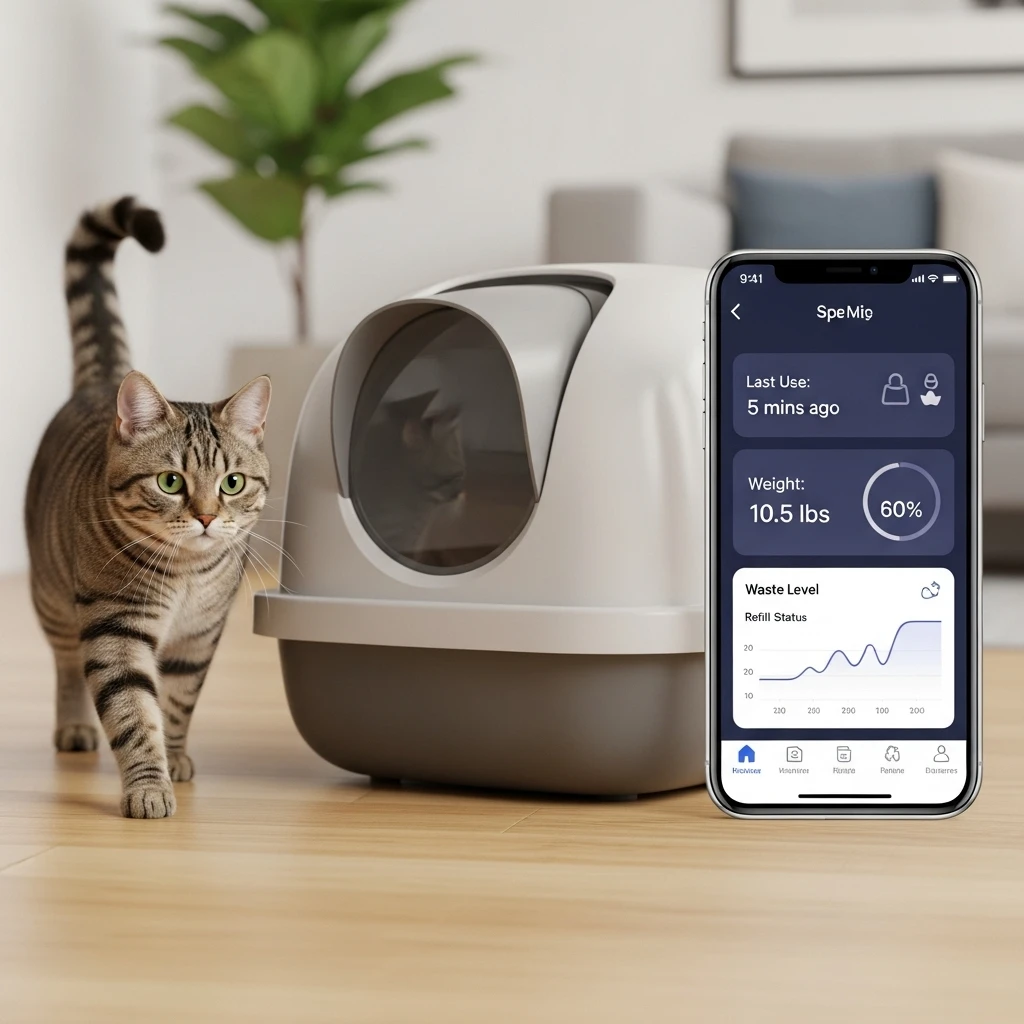 Smart litter box monitoring cat health metrics with mobile app interface.