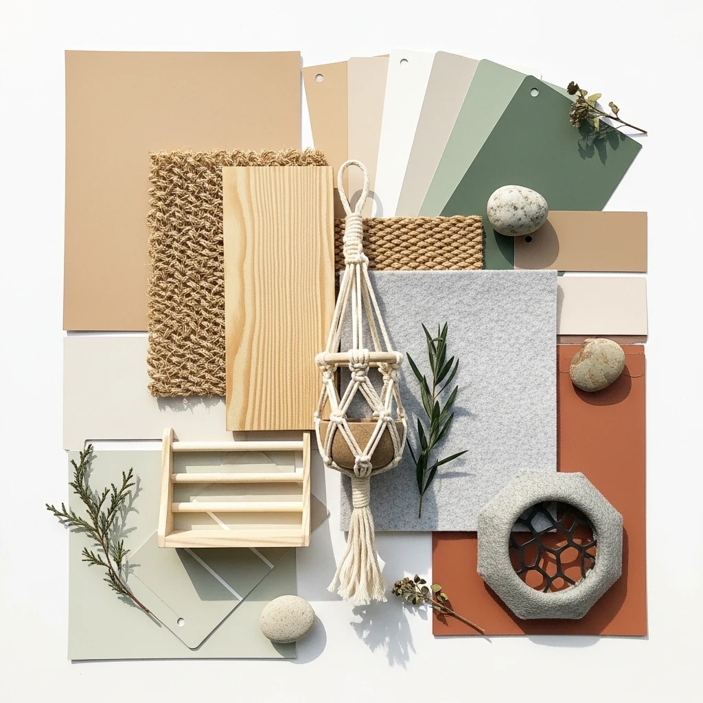 Design mood board for creating an aesthetic cat corner with materials, colors, and style examples
