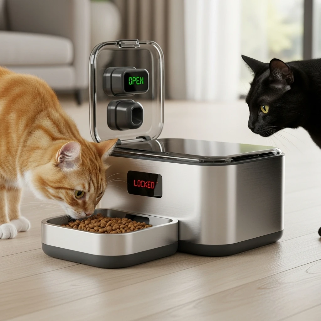 Modern microchip-activated cat feeder preventing food theft in multi-cat household