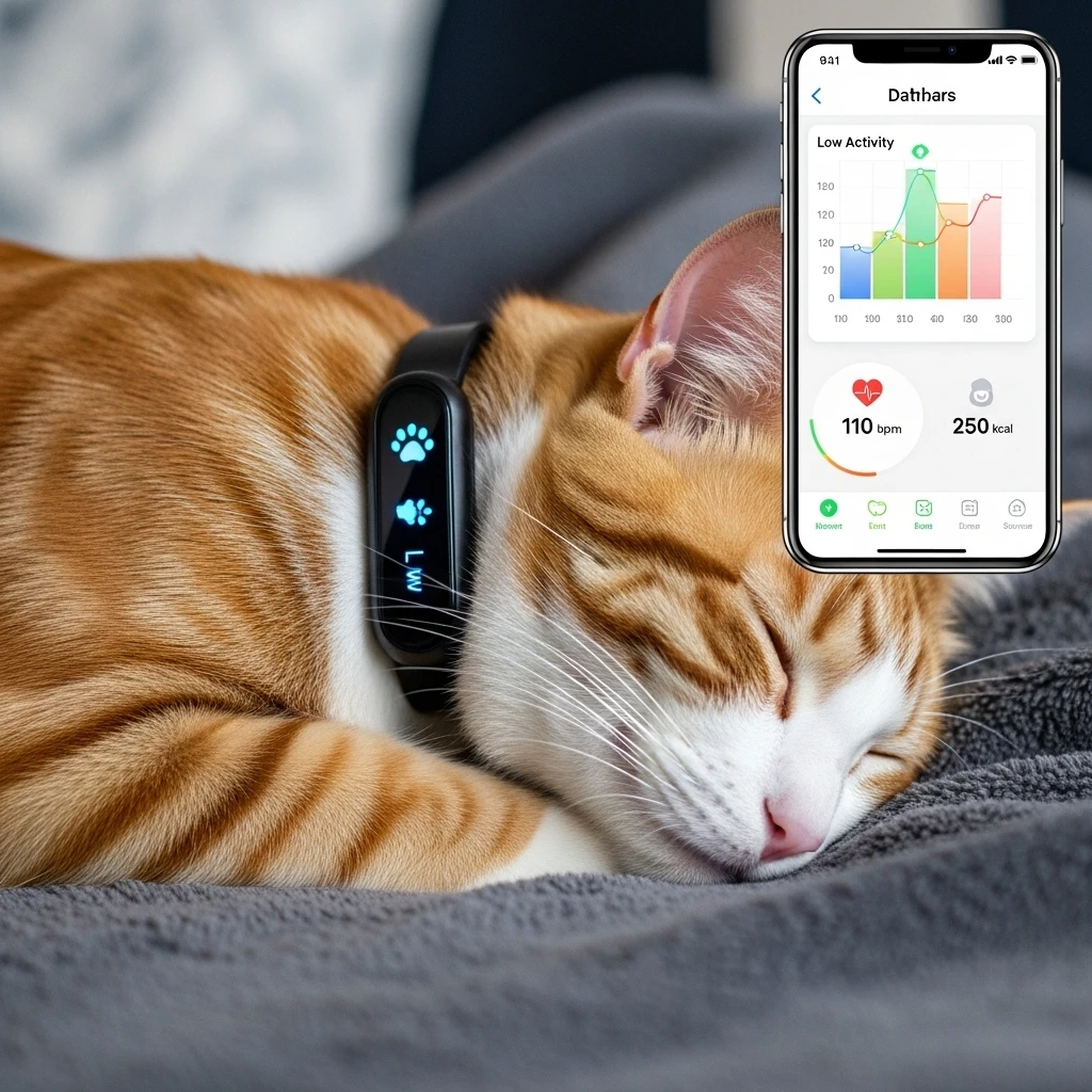 Cat wearing AI-powered health tracker collar showing activity monitoring app.