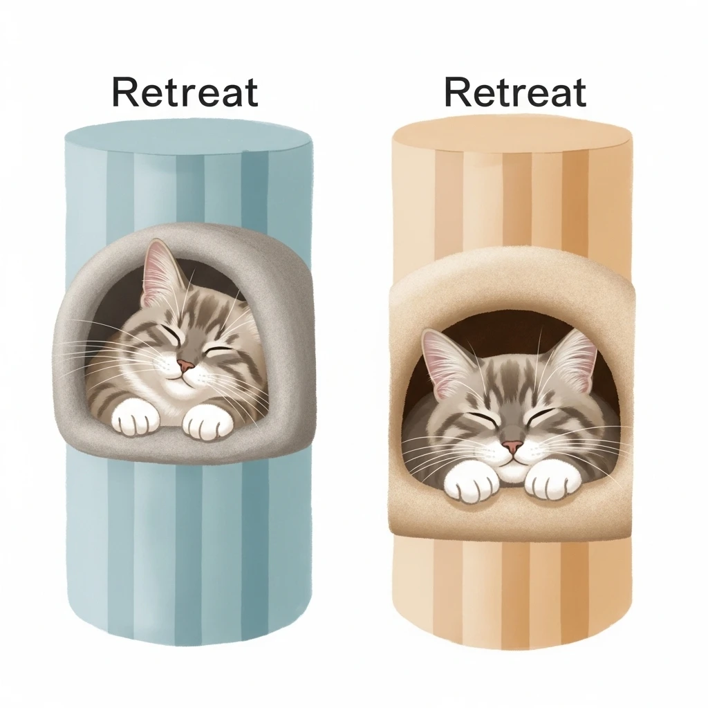  Infographic of the four essential needs for feline environmental design: vertical space, secure retreats, scratching, and observation