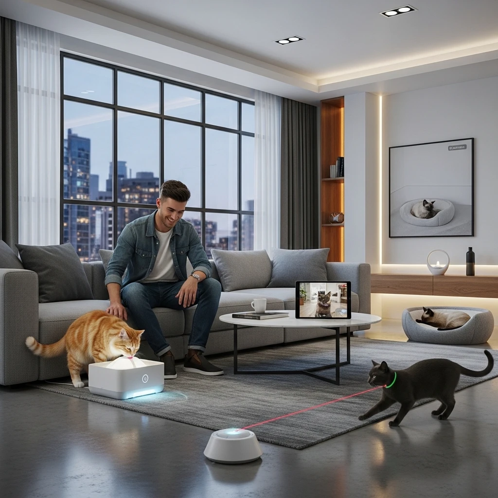 Modern cat owner using technology for pet care with smart fountain, automated toys, and monitoring tablet in a contemporary home setting.