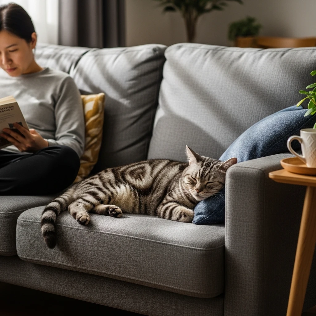 American Shorthair cat resting quietly on sofa while owner reads, illustrating calm cat moments that feel therapeutic